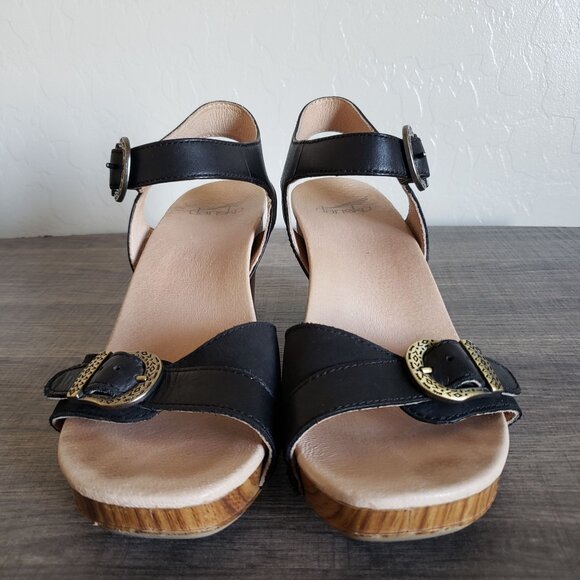 Dansko Anna Burnished Calf Leather Ankle Strap Sandals Block Heel Black Sz 8.5-9 - Picture 3 of 12